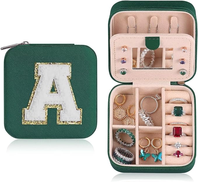 ETHOON Jewelry Travel Case Small Organizer Stocking Box Personalized Gifts Teenage Jewelry Accessories Holiday Christmas Gift for Women Green, Letter A