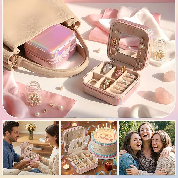 Nosiny 2 Pack Travel Jewelry Case with Mirror Small Laser Jewelry Box Organizer Gifts for Mother's Day Women Rings Earrings(Sakura Pink and Pastel Color)