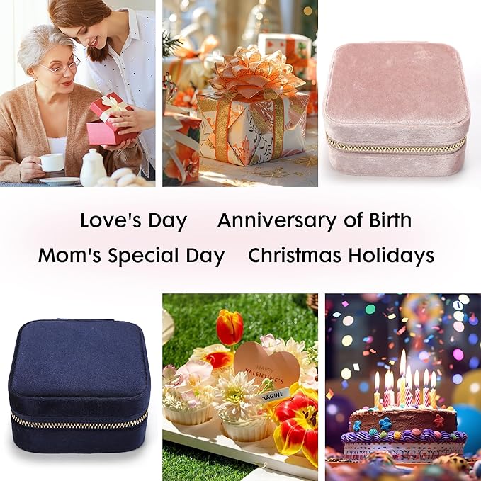 Plush Velvet Travel Jewelry Box for Women & Girls - Small Portable Organizer, Storage Case for Rings, Earrings, Necklaces & Bracelets – Ideal Gift for Travel & Occasions (Gray pink)