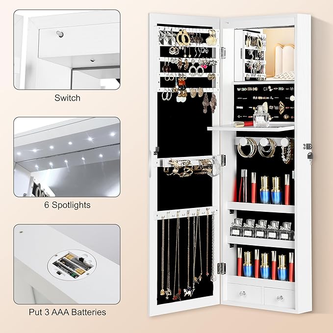 Mirror Jewelry Cabinet, Wall/Door Mounted Jewelry Armoire with Full-Length Mirror, Hanging Jewelry Organizer with LED Interior Lights, White