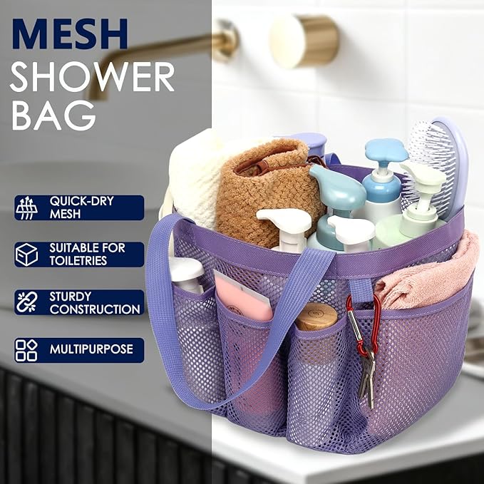 GYEUKHAM Large Mesh Shower Caddy Portable with 8-Pocket for College Dorm Room Essentials,Quick-Dry Handing Shower Basket Tote Bag for Toiletry, Bathroom,Beach,Camp,Gym,Purple