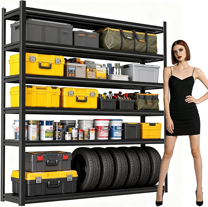 Garage Shelving,6-Tier Heavy Duty Shelving, 3500 lbs Capacity Garage Storage Shelves, Industrial Shelves for Heavy Tools and Equipment, Ideal for Garage, Basement, Black 82" H x 46" W x 18" D