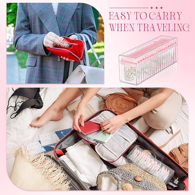 Kenning 21 Pcs Acrylic Jewelry Case Organizer, Clear Jewelry Organizers Holder with Portable Anti Tarnish Storage Bags for Rings, Earrings, Necklaces, Ideal Gifts for Women (Pink)