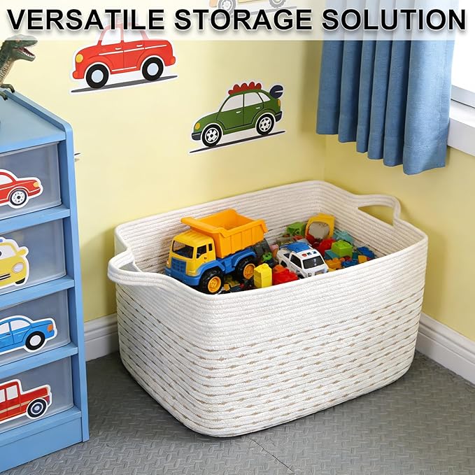 96L Large Blanket Basket,24"x16"x15"Rectangle Storage Bin with Handles,Woven Rope Laundry Basket for Toys, Clothes,Magazines,Home Organization,Nursery,Living Room & Bedroom,White&Yellow