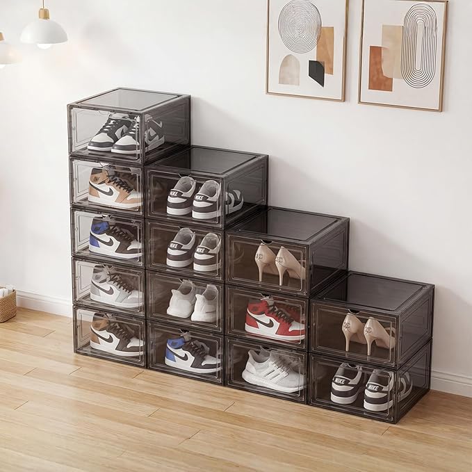 Pinkpum Upgraded Hard Shoe Storage Box 12 Pack X-Large Fit Size 12, Thicken & Sturdy Clear Plastic Stackable Shoe Organizer Box Closet, Sneaker Storage Display Case with Magnetic Door Black