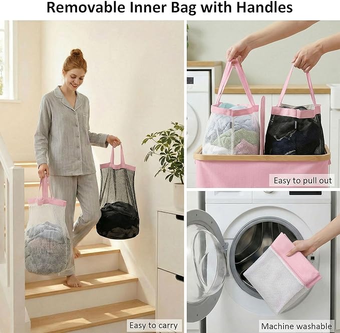 efluky Laundry Hamper with Lid, Double Laundry Hamper with 2 Removable Bags, 2 Section Laundry Basket with Bamboo Handles for Bathroom, Bedroom & Laundry Room (Pink, 140L Dual)