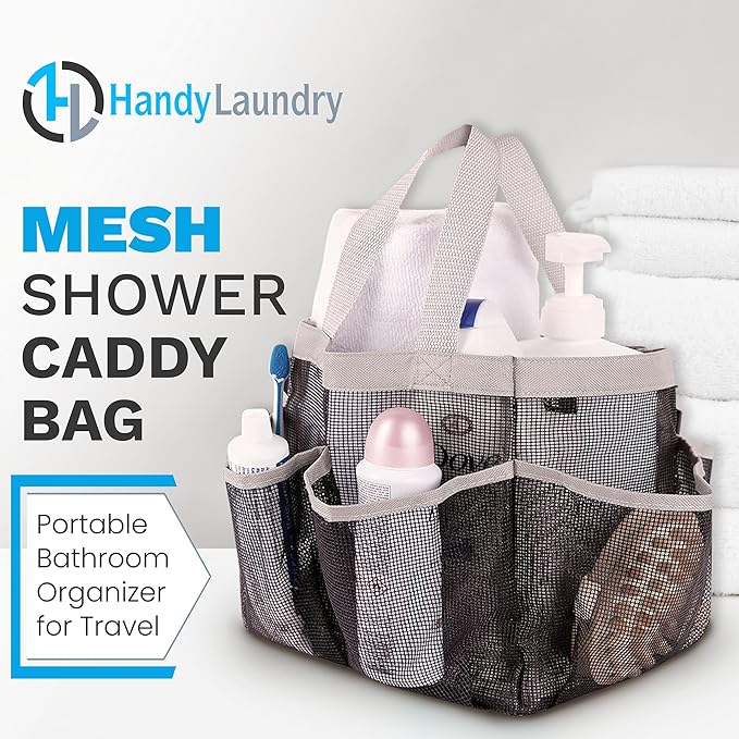 Handy Laundry Mesh Shower Caddy – 7 Pocket Portable Organizer Tote for College Dorm, Gym, Travel & Bathroom – Quick Dry, Collapsible, Lightweight Bag with Reinforced Handles (Black)