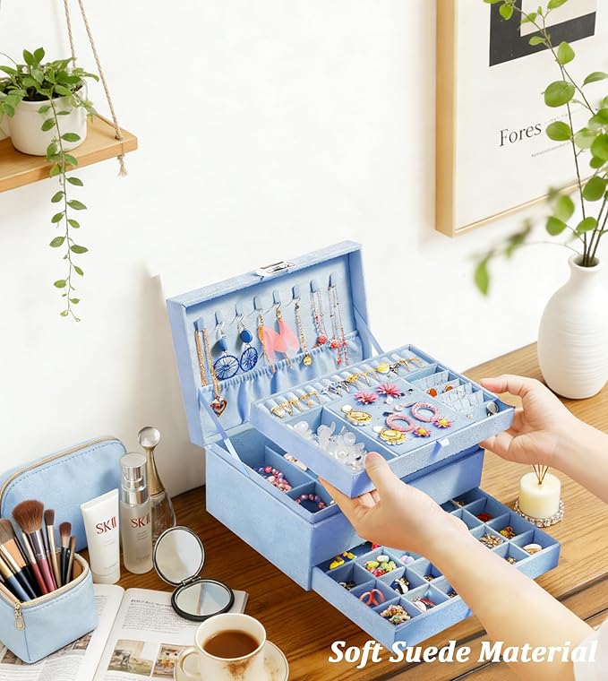QBestry 3-Layer Jewelry Box for Girls & Teens with Lock and Key, Large Jewelry Organizer with 8 Necklace Hooks & 56 Earring Holes, Blue Velvet Jewelry Storage Box for Necklaces Earrings Rings Bracelet