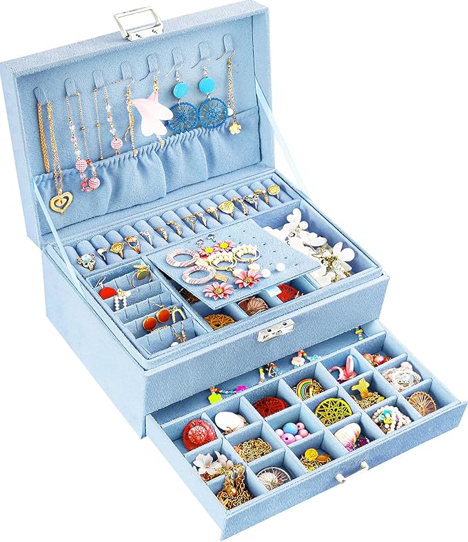QBestry 3-Layer Jewelry Box for Girls & Teens with Lock and Key, Large Jewelry Organizer with 8 Necklace Hooks & 56 Earring Holes, Blue Velvet Jewelry Storage Box for Necklaces Earrings Rings Bracelet