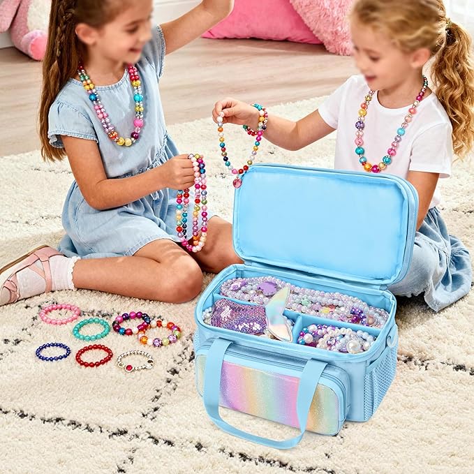 GRAOSO Double Layer Jewelry Organizer Storage for Kids Girls, Travel Jewelry Case Bag, Portable Jewelry Box with Handle and Detachable Shoulder Strap for Necklaces, Earrings, Rings, Blue (Case Only)