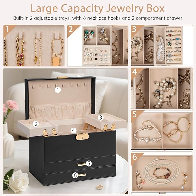 AKOZLIN Travel Jewelry Box Organizer Functional 2-trays Leather Jewelry Storage Case with Lockable Portable 2 Drawers for Women Girls Ring Necklace Earring Bracelet