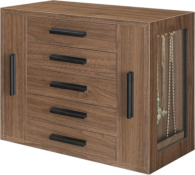 HOOBRO 5-Tier Jewelry Box, Wooden Jewelry Organizer with Transparent Windows, Jewelry Storage Box with 2 Vertical Drawers, for Earring, Necklace, Bracelet, Ring, Watch, Walnut and Black BH19JB04