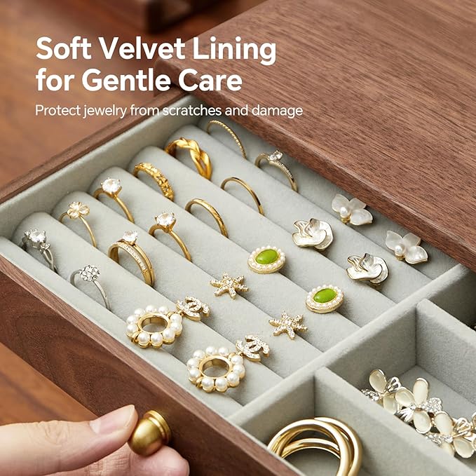Wooden Jewelry Box for Women & Men, Large Velvet Lined Organizer with 3 Drawers, Solid Black Walnut Wood & Brass Handles, Earring Ring Necklace Storage Box