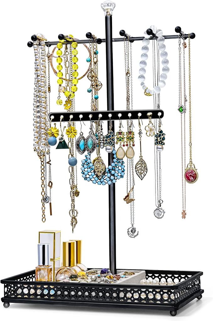 Meangood Jewelry Organizer Stand, 15.6" H Jewelry Tree Display Holder Stand for Bracelets Necklaces Earrings Rings, Gift for Women Girls (Black)
