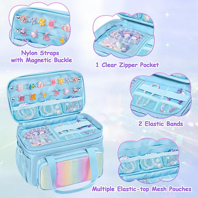 GRAOSO Double Layer Jewelry Organizer Storage for Kids Girls, Travel Jewelry Case Bag, Portable Jewelry Box with Handle and Detachable Shoulder Strap for Necklaces, Earrings, Rings, Blue (Case Only)