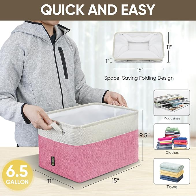 BALEINE 2 Pack Fabric Closet Storage Bins for Shelves, Linen Closet Organizers and Storage, Decorative Baskets for Organizing, Shelf, Clothes, Home, Office (Pink, 15''x11''x9.5'')