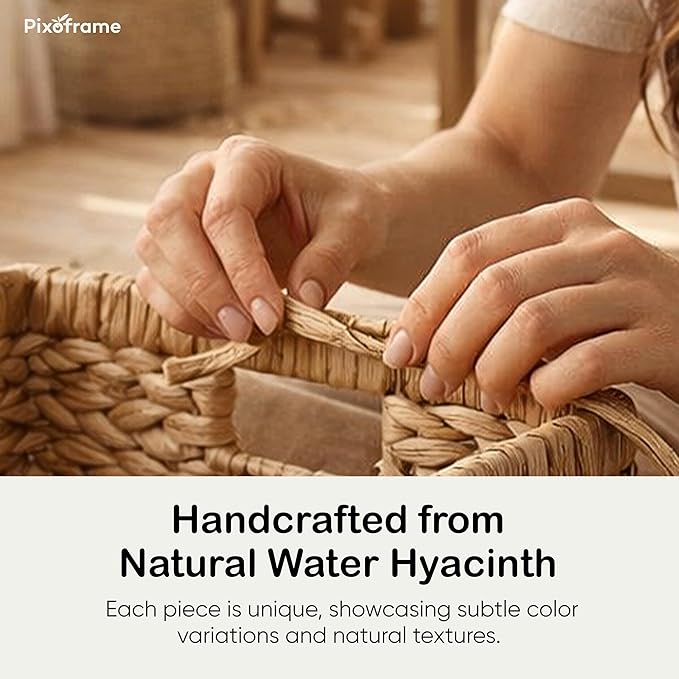 Large Rectangular Handwoven Wicker Basket - Natural Water Hyacinth Storage Baskets with 2 Built-in Handles - Ideal for Towel, Blankets, and Home Organizer & Decor - 15"x 11"x6.75" - Brown