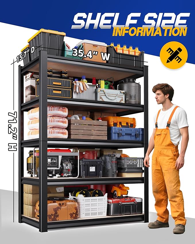 Set of 4 Garage Shelving Heavy Duty Storage Shelves, Adjustable Metal Shelving Unit, Utility Garage Organizer Shelf for Basement, Pantry, Kitchen, Warehouse,15.7" D x 35.4" W x 71.2" H, Black