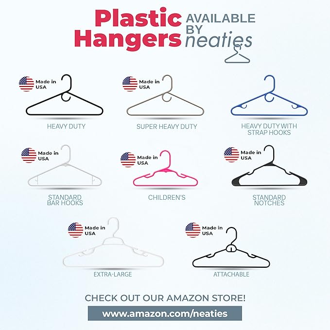 Neaties Plastic Hangers 15 Pack - Made in the USA - 6lb Capacity Standard Clothes Hangers with Strap Hooks for Dresses, Lingerie, Shirts, Pants, and Jackets - White & Black