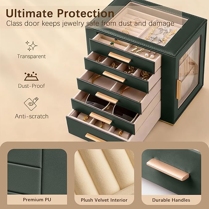 Homeanda Jewelry Box for Women with Glass Lid, 5 Drawers Jewelry Organizer and Storage for Necklaces, Rings, Earrings, Bracelets, Gift for Girls and Teens,PU Leather (Green)