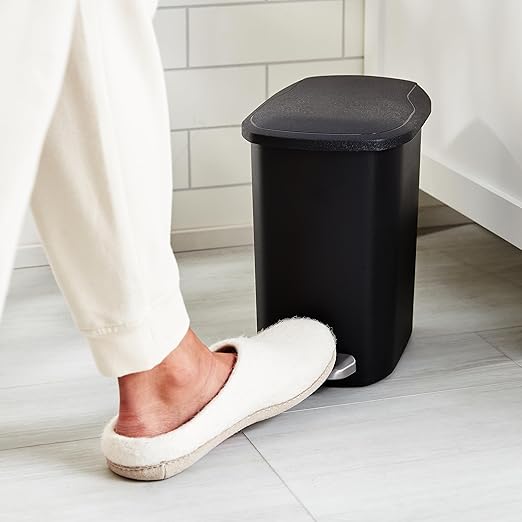 Amazon Basics Compact Plastic Bathroom Trash Can with Soft-Close Lid,Hands-Free Foot Pedal,Removable Inner Bucket,6 Liters,Black,(Pack of 6)