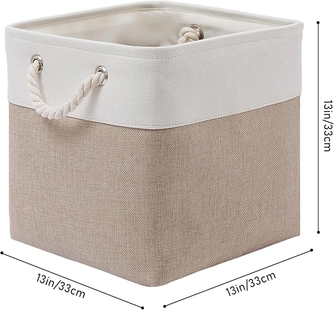 MidmmVick 13 x 13 Inch Cube Storage Bins, 6 Pack Extra Large Collapsible Fabric Storage Bin with Ropes, Foldable Storage Cubes for Home (White & Beige-13"x13"x13")