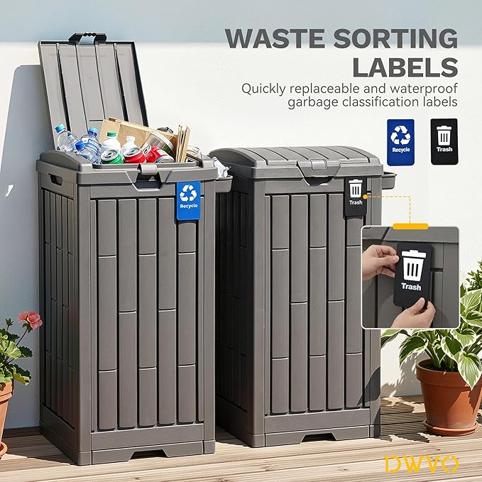 DWVO 38 Gallon Outdoor Trash Can, Set of 2 Resin Garbage Bins with Lids, Includes 2 Sorting Labels, Ash Holder, Stakes & Suction Cups, Hideaway Storage for Patio Backyard Garden, Light Brown