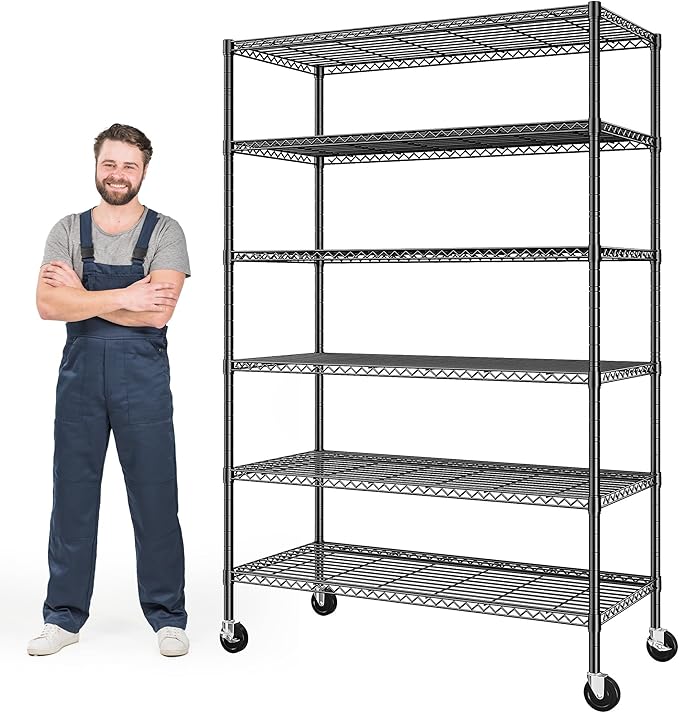 Romorgniz 82"H X45"W X18"D Storage Shelves with Wheels, 6 Tier Wire Shelving Adjustable Metal Shelving Pantry Shelves Capacity 1200LBS for Garage Shelving, Pantry, Kitchen, Closet, Commercial, Black