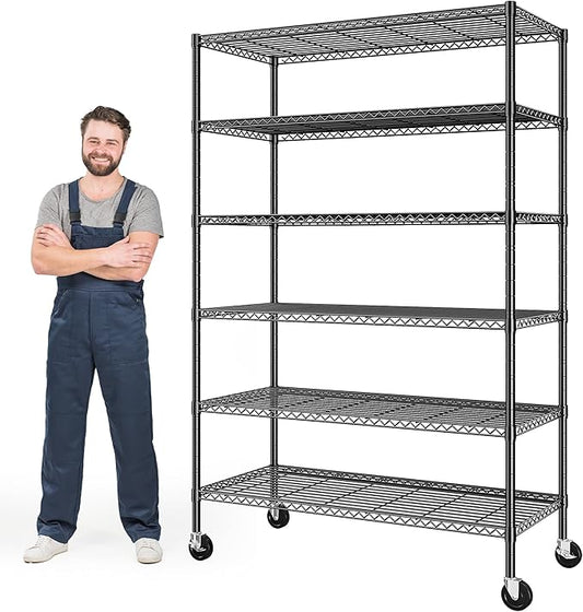 Romorgniz 82"H X45"W X18"D Storage Shelves with Wheels, 6 Tier Wire Shelving Adjustable Metal Shelving Pantry Shelves Capacity 1200LBS for Garage Shelving, Pantry, Kitchen, Closet, Commercial, Black