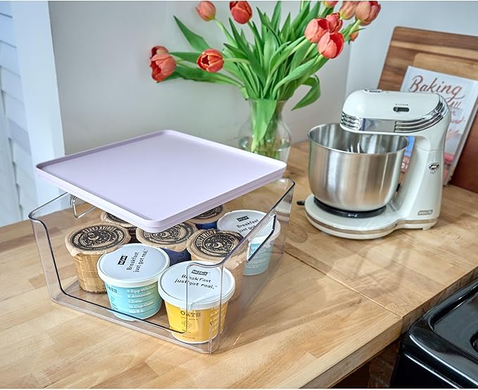 Rosanna Pansino x iDesign Recycled Plastic Open Front Kitchen Storage Bin with Lid, Clear Bin/Lavender Sprinkles Lid, 12" x 12" x 6"