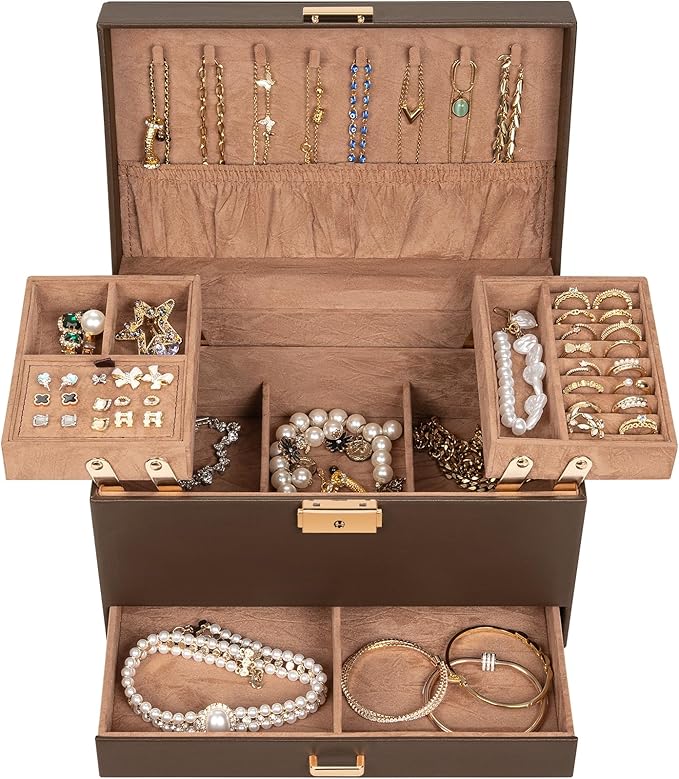 AKOZLIN Travel Jewelry Box Organizer Functional 2-trays Leather Jewelry Storage Case with Lockable Portable Drawer for Women Girls Ring Necklace Earring Bracelet
