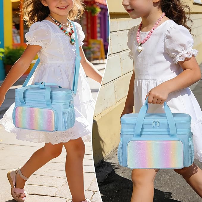 GRAOSO Double Layer Jewelry Organizer Storage for Kids Girls, Travel Jewelry Case Bag, Portable Jewelry Box with Handle and Detachable Shoulder Strap for Necklaces, Earrings, Rings, Blue (Case Only)