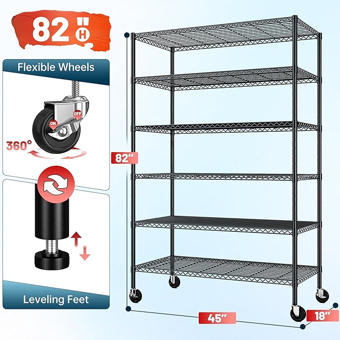 Romorgniz 82"H X45"W X18"D Storage Shelves with Wheels, 6 Tier Wire Shelving Adjustable Metal Shelving Pantry Shelves Capacity 1200LBS for Garage Shelving, Pantry, Kitchen, Closet, Commercial, Black