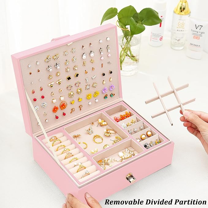 Earrings Jewelry Box for Girls, Large Capacity Jewelry Organizer with 40-Pair Earring Board, 2-Layer Leather Jewelry Storage Box for Necklaces Rings Bracelets with Removable Tray(Gift Idea),Pink