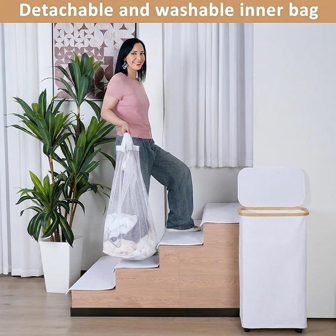 Laundry Basket with Wheels, 75L Clothes Hamper for Laundry, Laundry Hamper with Lid and Inner Bag, for Laundry Room, Bedroom, Dormitory Storage,White