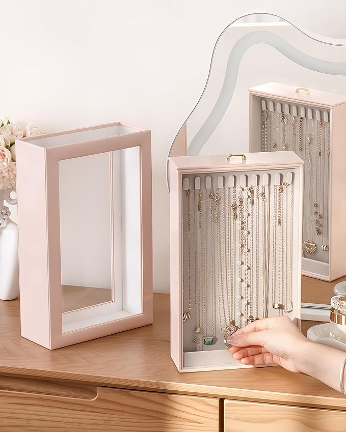 Lolalet Upgraded Double-Sided Hanging Necklace Organizer Box, Jewelry Display Case with Double-Sided Clear Window for Necklaces Bracelets, Tangle-Free Necklace Storage Box, Mothers Day Gift