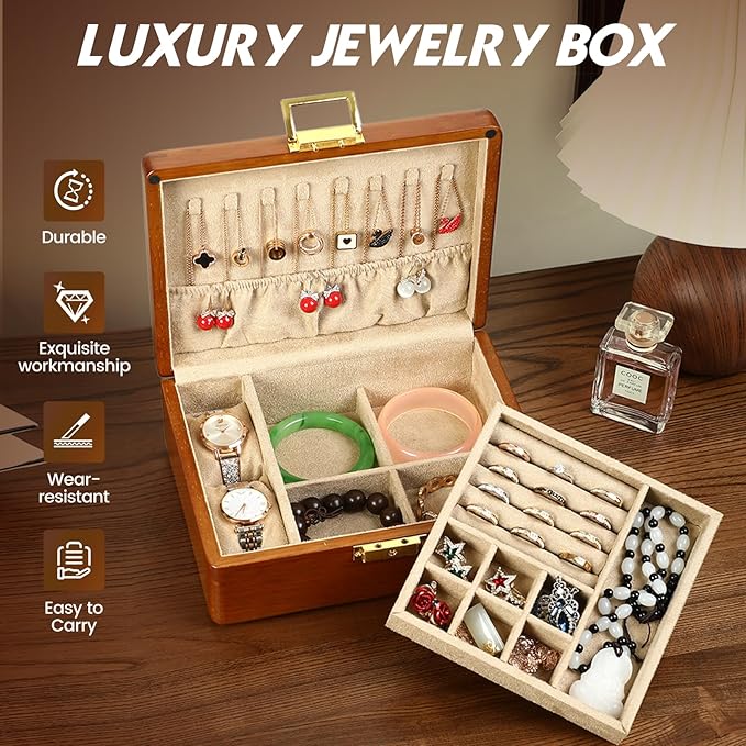 Solid Walnut Wood Jewelry Organizer Box with Lock, 2-Layer Vintage Jewelry Box for Men Women, Velvet-Lined Storage for Earrings Rings Necklaces Bracelets Watches Perfect Father Day Gift Khaki