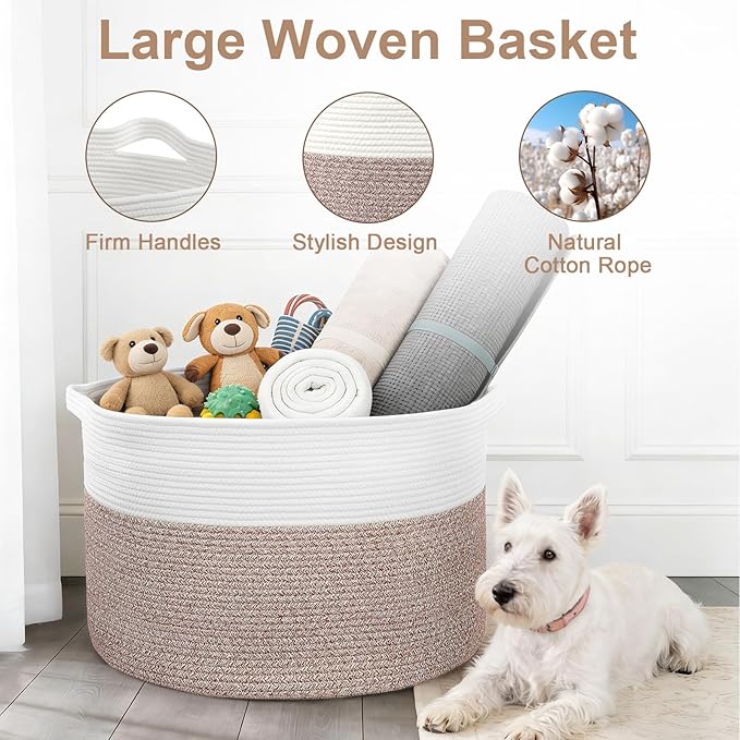 90L Extra Large Blanket Basket for Living Room - Cotton Rope Laundry Hamper Woven Baskets XXL Storage Bin with Handles for Dirty Clothes, Kids, Pets, Toys, Bedroom, 23'' x 23'' x 13'', White & Brown