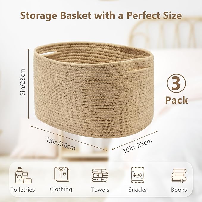ECDYQXVU Cotton Rope Storage Basket, 15x10x9 Inches, Woven Basket for Shelves, Clothes, Towels, Books, and Laundry, Jute Brown (3 Pack)