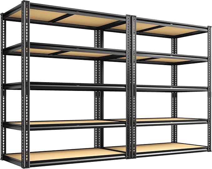 ROOMFAVE 2250LBS Storage Shelves Heavy Duty 5 Tier Garage Storage Shelving, Adjustable Metal Shelving Unit Utility Rack Shelf for Warehouse, Pantry, Closet, 72" H x 35.56" W x 16" D, Black.2PCS
