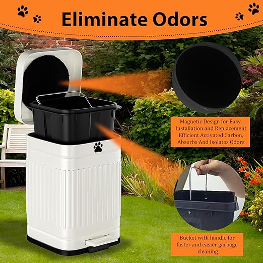 Dog Poop Trash Can Outside, 5L/1.3Gal Metal Dog Waste Trash Can with Lid, Foot Pedal, Pet Waste Container with 40 Bags, Poop Bucket with Lid Soft Close for Pet, White