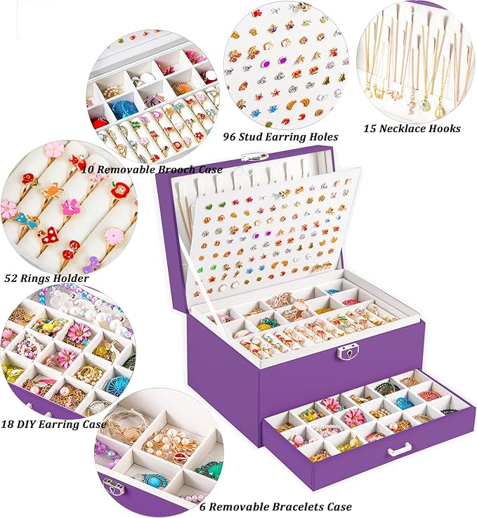 QBestry Earrings Jewelry Box for Girls, 5 Layers Jewelry Organizer with Earring Holder Organizer for Girls Earring Organizer Jewelry Boxes for Women Earrings and Necklaces Jewelry Box Organizer Purple