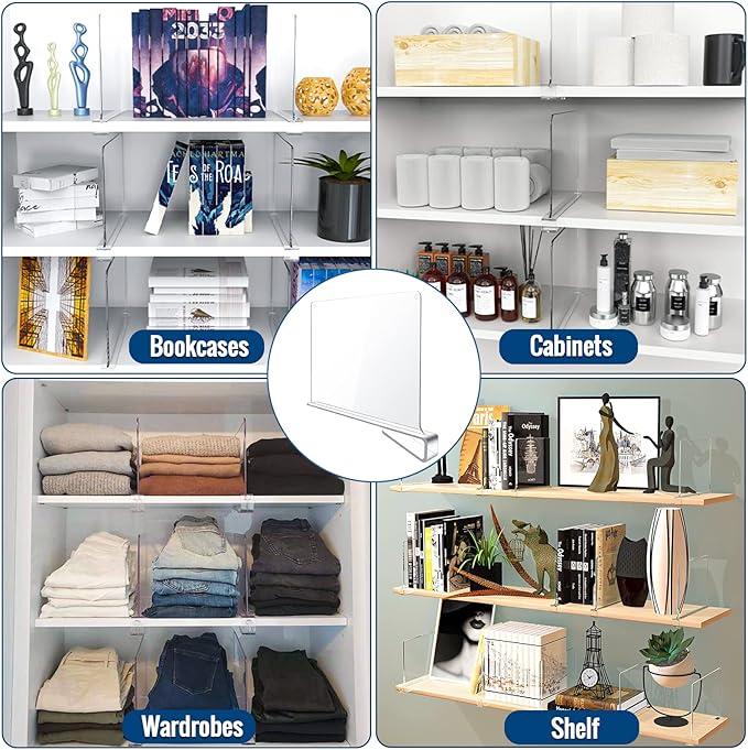 BAUMFEUER 4 Pack Clear Acrylic Shelf Dividers for Closet Shelf Organizer of Bedroom Kitchen Office Bathroom Organizer for Clothes Books Hats and Handbags