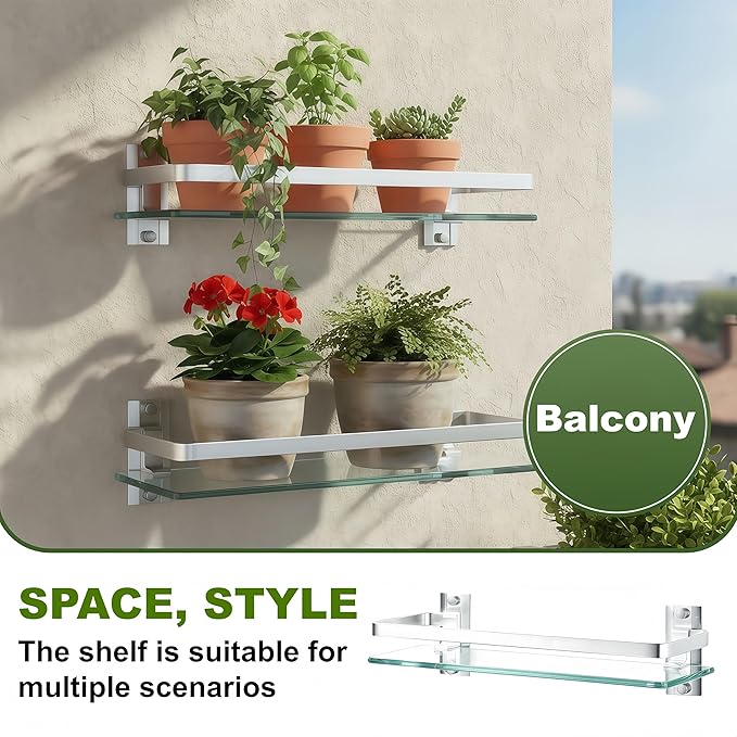 AIJALY 3 Pack Bathroom Glass Shelf,Aluminum Tempered Glass 0.3in Extra Thick Rectangular 1 Tier Storage Organizer Wall Mount,Silver 15.7in