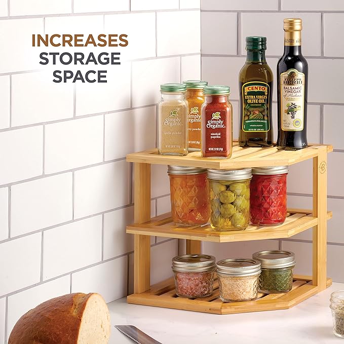 Plate Organizer for Cabinet - 3 Tier Bamboo Corner Shelf Cabinet Organizer for Plates, Bowls, Mugs and Pantry Storage, Space Saving Countertop and Cabinet Corner Shelf, 10 x 10 x 9.5 Inch, Bambusi