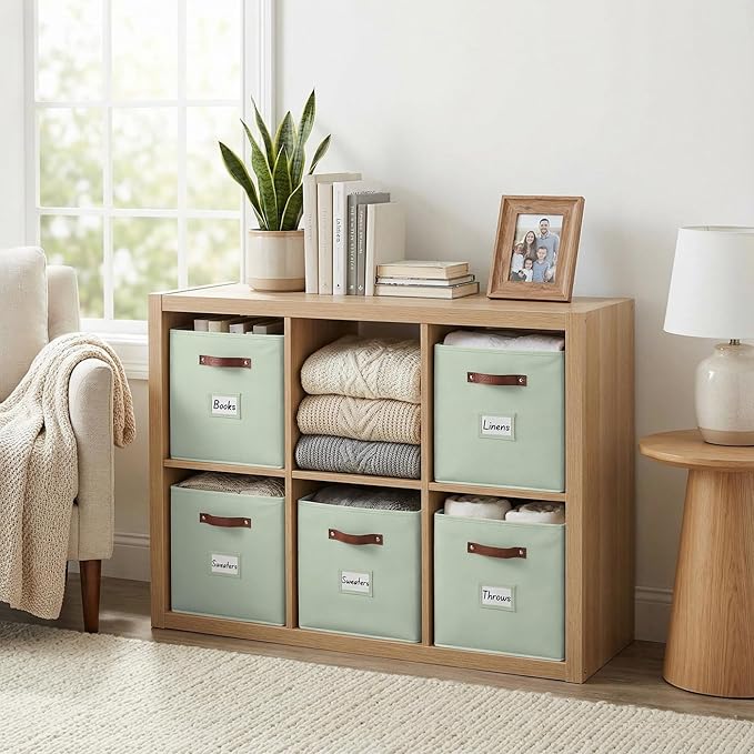 DECOMOMO Storage Baskets, 13x15x13 Storage Cube Bins with Labels for Organizing Shelves Kallax (Kallax / 4pcs, Sage Green)