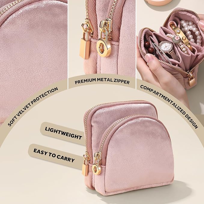 Small Travel Jewelry Case Set 2-in-1 Detachable Velvet Pouches, Portable Jewelry Organizer Bag for Rings Earrings Bracelets, Gift Box for Women (Blush Pink)