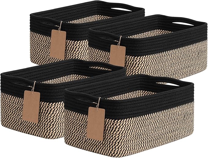 Goodpick 4 Pack Storage Baskets for Shelves, Rectangle Wicker Storage Bins for Baby Shower Toys, Decorative Organizer Shelf Baskets for Gifts Empty, 13''L x 8''W x 6''H, Black & Jute