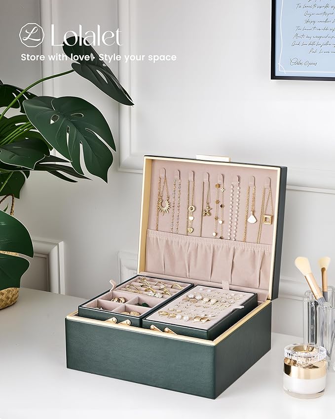 Lolalet Jewelry Box Organizer for Women Girls, 2 Layer Jewelry Organizers and Storage for Necklace Earrings Rings Bracelets, Large Jewellery Holder Case Birthday Mothers Day Gifts -DarkEmerald