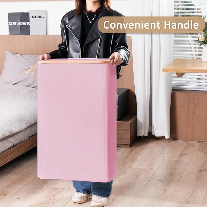 Vincona Slim Laundry Basket with Lid, Narrow Dirty Clothes Hampers for Laundry with Handle, Skinny Laundry Bin for Laundry Room, Dorm, Bedroom and Bathroom, 19.8 Gallon (75L) Pink